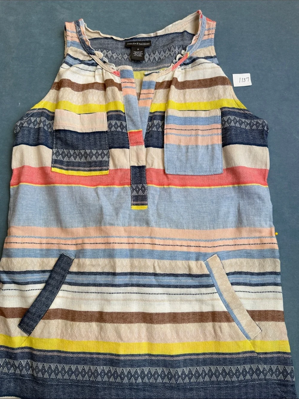 Chelsea & Theodore Multicolor Striped Midi Dress - Blue, Pink, Yellow, Navy - Picture 2 of 10